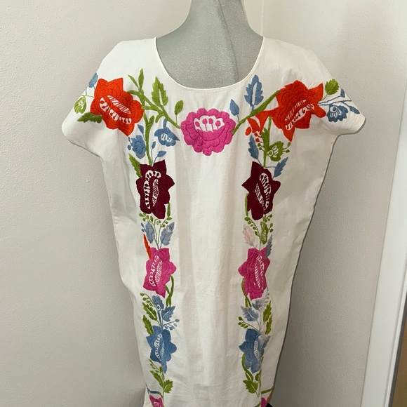 Mexican floral embroidered dress caftan kaftan O/S pink blue - Picture 1 of 5